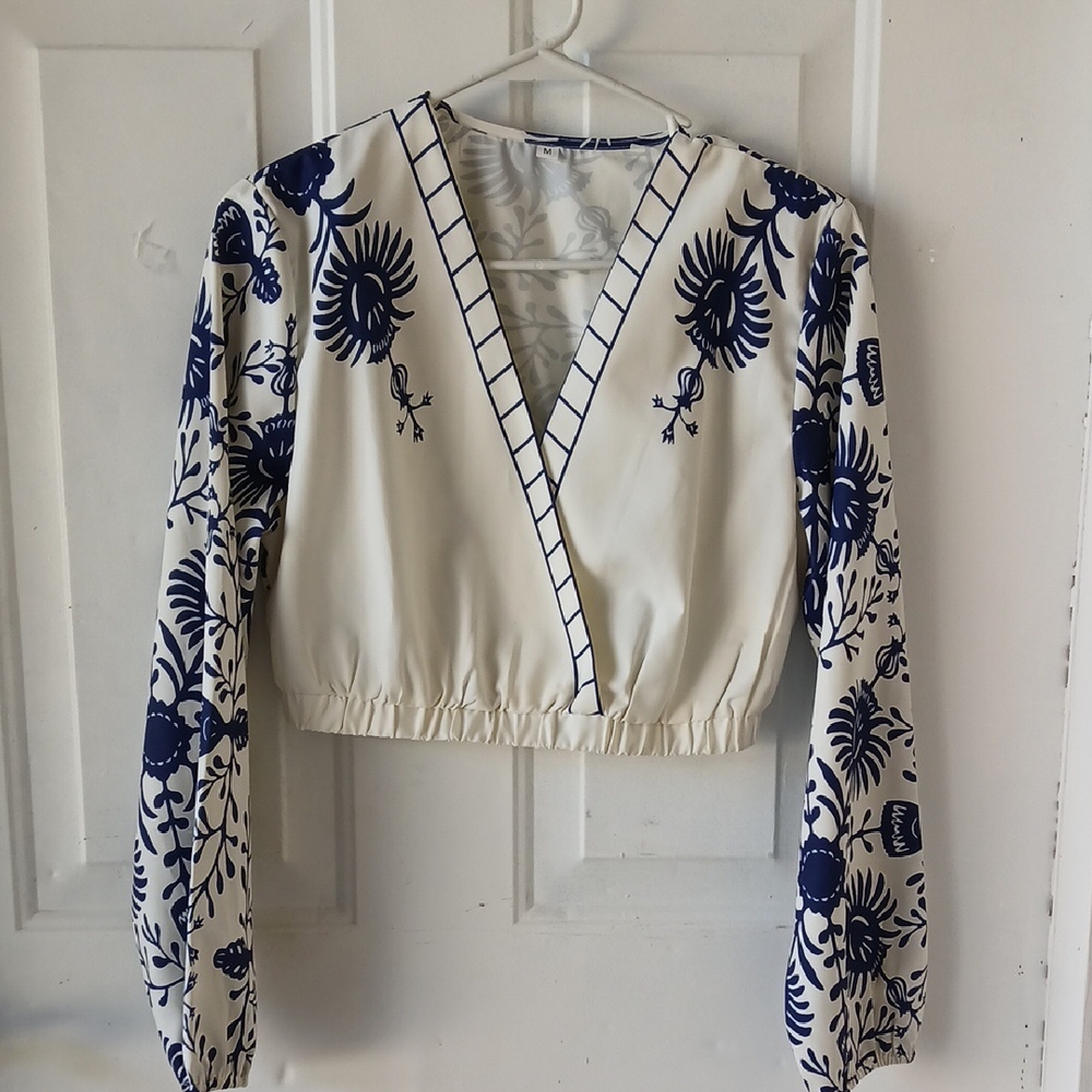 SHEIN Navy and Cream Floral Blouse